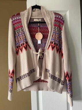Odd Molly Beige Fair Isle Tie-Front Cardigan with Pink and Purple Accents